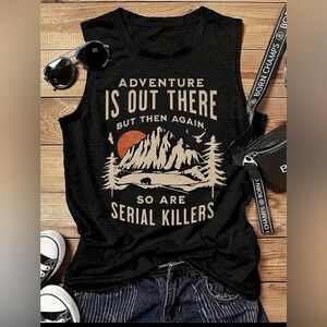 Black Graphic Tank Top with Beige and Orange Mountain Print